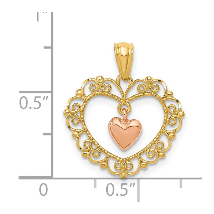 Million Charms 14K Yellow Gold Themed Two-Tone Polished Dangle Heart In Heart Pendant