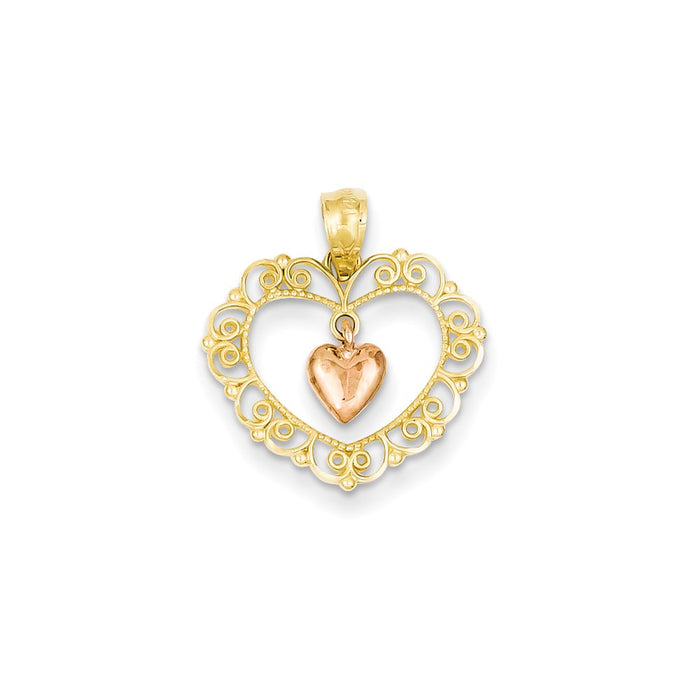 Million Charms 14K Yellow Gold Themed Two-Tone Polished Dangle Heart In Heart Pendant