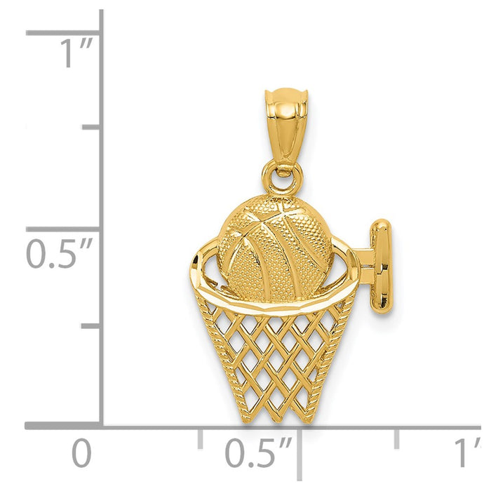 Million Charms 14K Yellow Gold Themed Sports Basketball In The Net Pendant