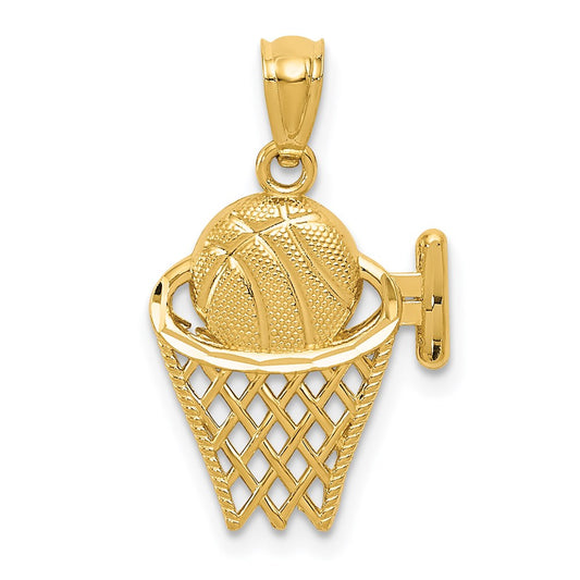 Million Charms 14K Yellow Gold Themed Sports Basketball In The Net Pendant