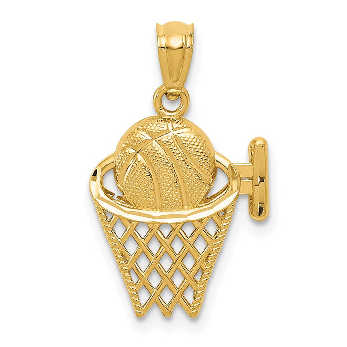 Million Charms 14K Yellow Gold Themed Sports Basketball In The Net Pendant