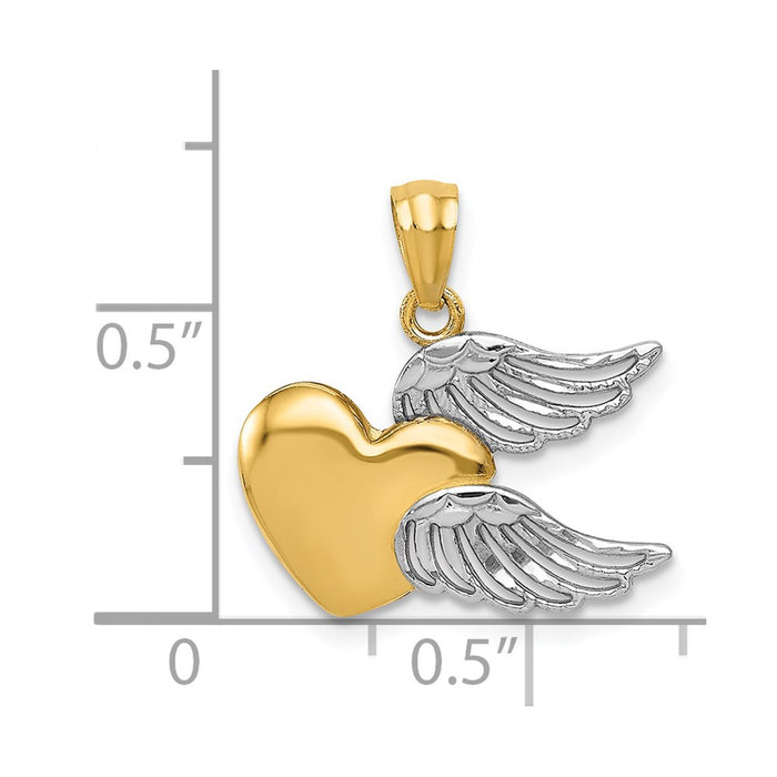 Million Charms 14K Yellow Gold Themed With Rhodium-plated Polished Heart With Wings Pendant