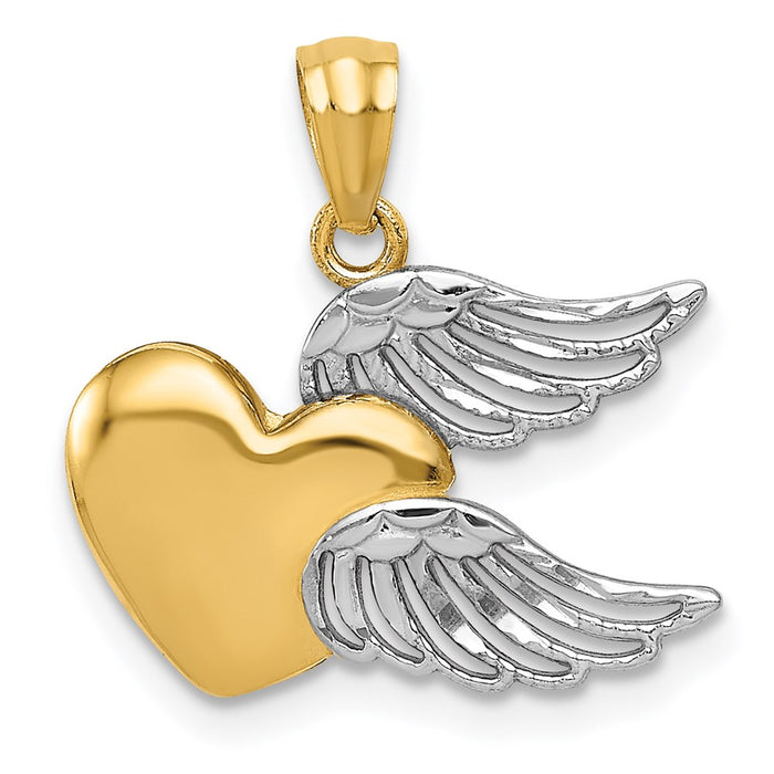 Million Charms 14K Yellow Gold Themed With Rhodium-plated Polished Heart With Wings Pendant