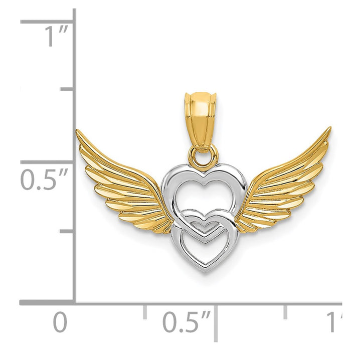Million Charms 14K Yellow Gold Themed With Rhodium-plated Polished Hearts With Wings Pendant