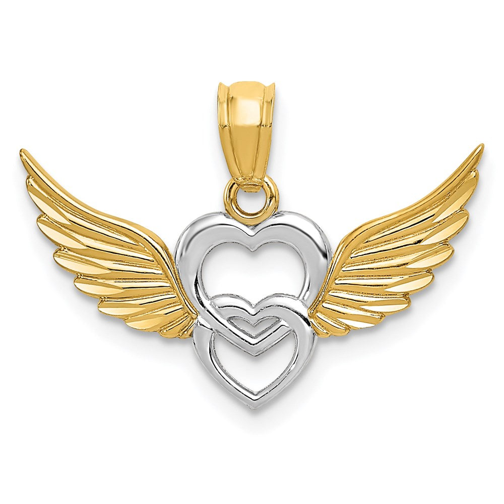 Million Charms 14K Yellow Gold Themed With Rhodium-plated Polished Hearts With Wings Pendant