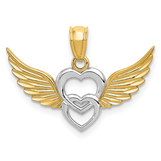 Million Charms 14K Yellow Gold Themed With Rhodium-plated Polished Hearts With Wings Pendant