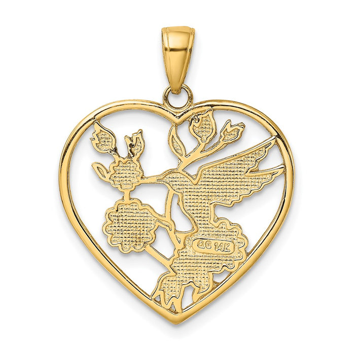 Million Charms 14K Yellow Gold Themed Enameled Hummingbird With Flowers Heart Pendant