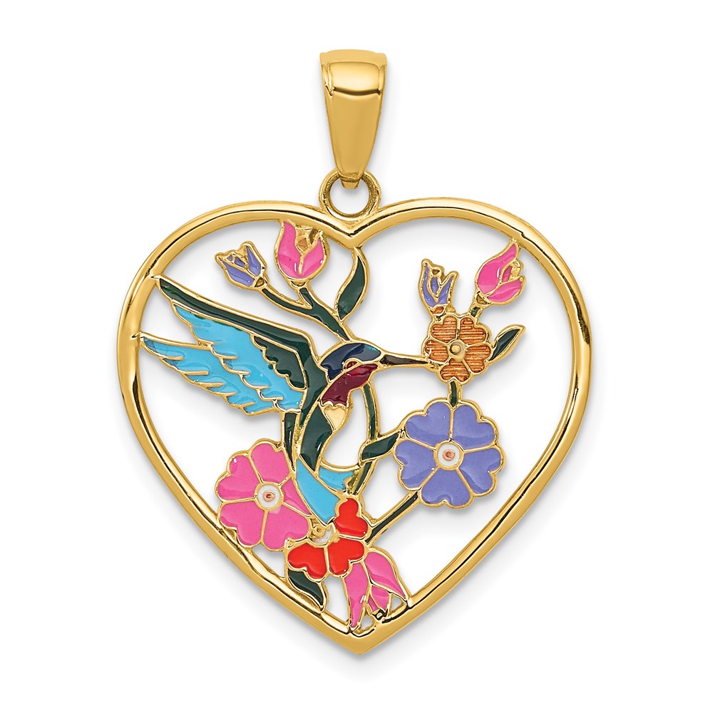 Million Charms 14K Yellow Gold Themed Enameled Hummingbird With Flowers Heart Pendant