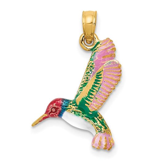 Million Charms 14K Yellow Gold Themed Enameled Hummingbird Pendant