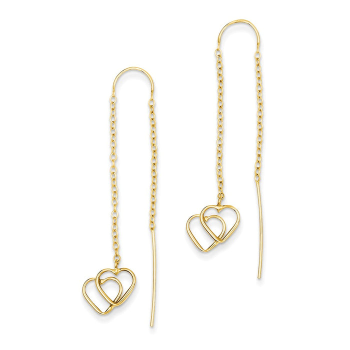 Million Charms 14k Yellow Gold Double Heart Threader Earrings, 49mm x 12mm