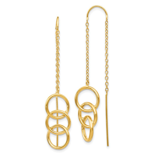 Million Charms 14k Yellow Gold Triple Circle Threader Earrings, 50mm x 10mm
