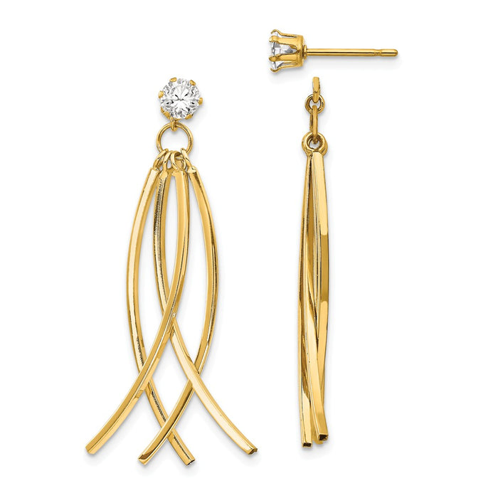 Million Charms 14k Yellow Gold Curved Stick Jacket with Cubic Zirconia ( CZ ) Stud Earrings, 42mm x 12mm