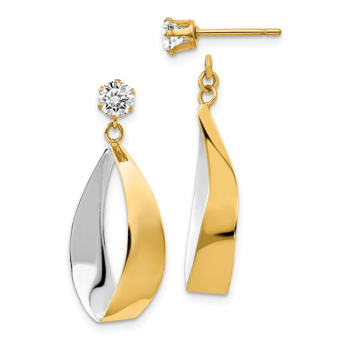 Million Charms 14k Yellow Gold Oval Dangle Jacket with Rhodium and Cubic Zirconia ( CZ ) Earrings, 28mm x 11mm