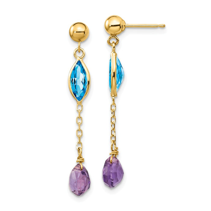Million Charms 14k Yellow Gold Amethyst and Blue Topaz Post Earrings, 35mm x 5mm