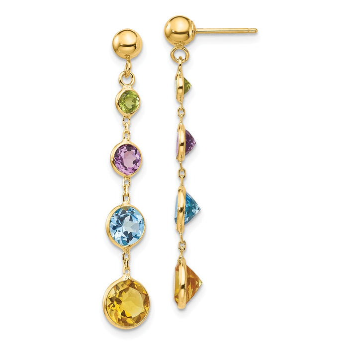 Million Charms 14k Yellow Gold Muti-Gemstone Dangle Post Earrings, 35mm x 6mm