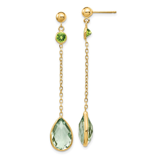 Million Charms 14k Yellow Gold Peridot and Green Quartz Post Earrings, 50mm x 8mm