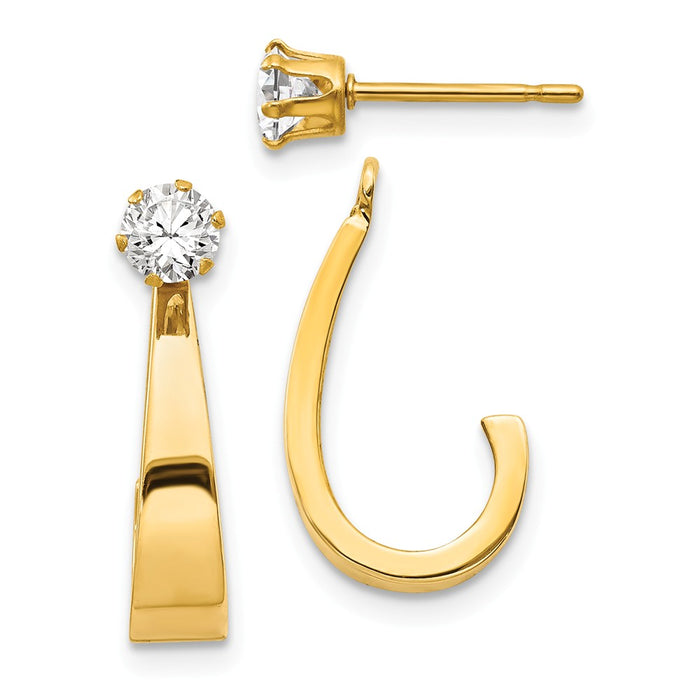 Million Charms 14k Yellow Gold J Hoop with Cubic Zirconia ( CZ ) Stud Earring Jackets, 21mm x 4mm