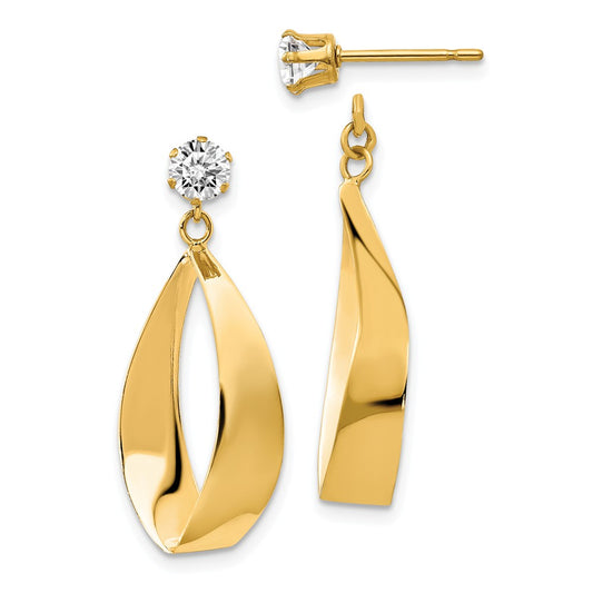 Million Charms 14k Yellow Gold Polished Oval Dangle with Cubic Zirconia ( CZ ) Stud Earring Jackets, 28mm x 11mm
