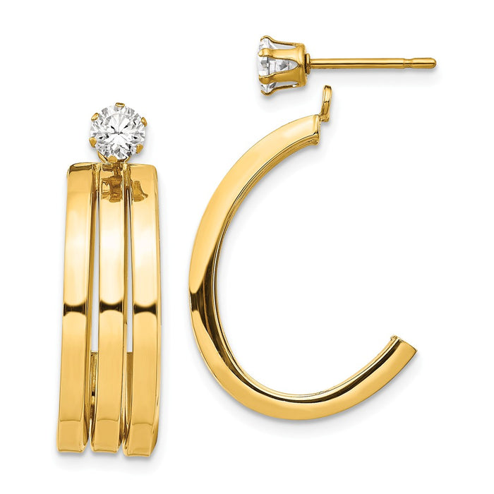 Million Charms 14k Yellow Gold Polished J Hoop with 4mm Cubic Zirconia ( CZ ) Stud Earring Jackets, 28mm x 11mm
