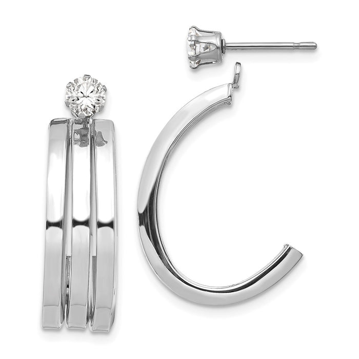 Million Charms 14k White Gold Polished J Hoop with 4mm Cubic Zirconia ( CZ ) Stud Earring Jackets, 27mm x 8mm
