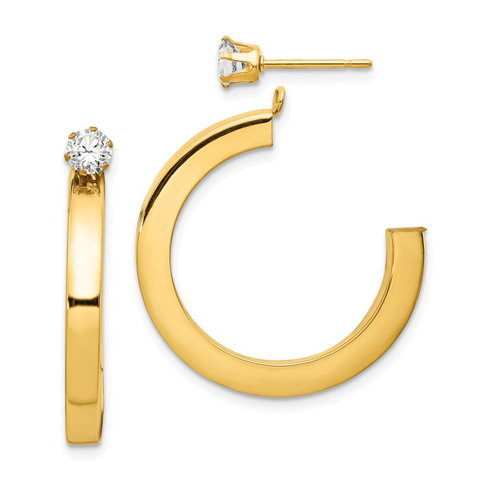 Million Charms 14k Yellow Gold Polished J Hoop with Cubic Zirconia ( CZ ) Stud Earring Jackets, 32mm x 3mm