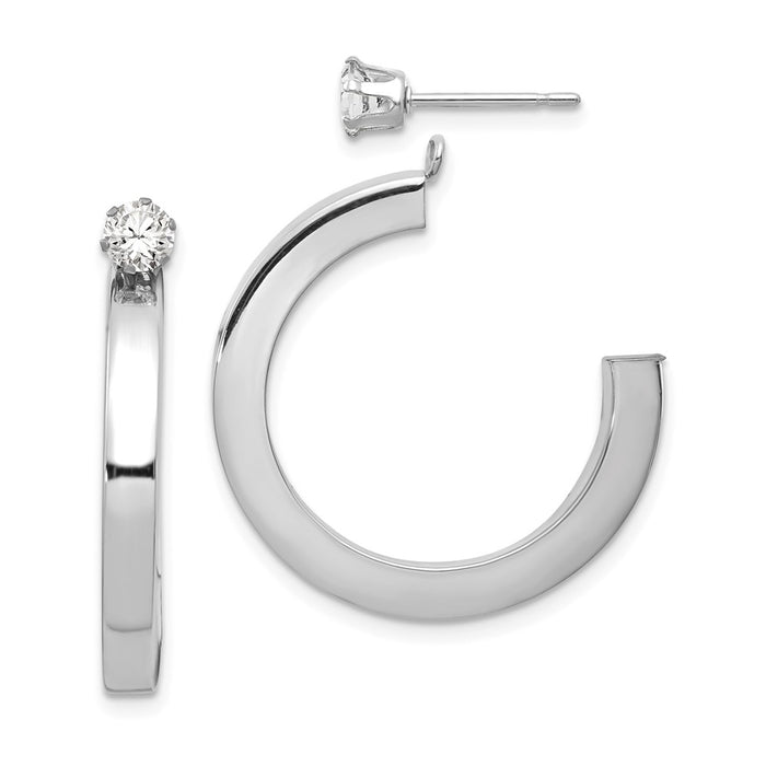 Million Charms 14k White Gold Polished J Hoop with Cubic Zirconia ( CZ ) Stud Earring Jackets, 32mm x 3mm