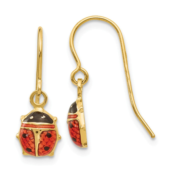Million Charms 14k Yellow Gold Enameled Ladybug Dangle Earrings, 19mm x 7mm