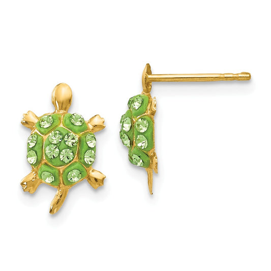Million Charms 14k Yellow Gold Light Green Crystal Turtle Post Earrings, 12mm x 8mm