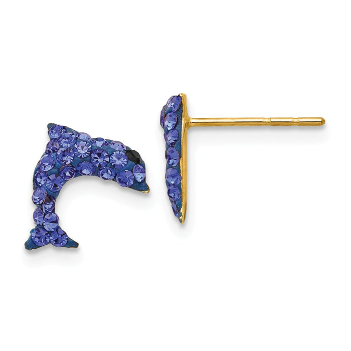 Million Charms 14k Yellow Gold Crystal Blue Dolphin Post Earrings, 9mm x 9mm