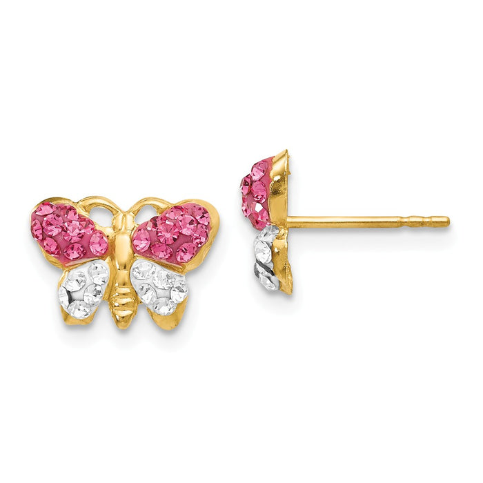 Million Charms 14k Yellow Gold Pink/White Crystal Butterfly Post Earrings, 7mm x 11mm
