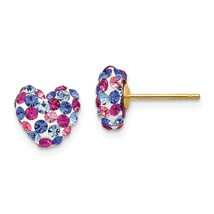 Million Charms 14k Yellow Gold Blue Pink White Crystal 8mm Heart Post Earrings, 8mm x 8mm