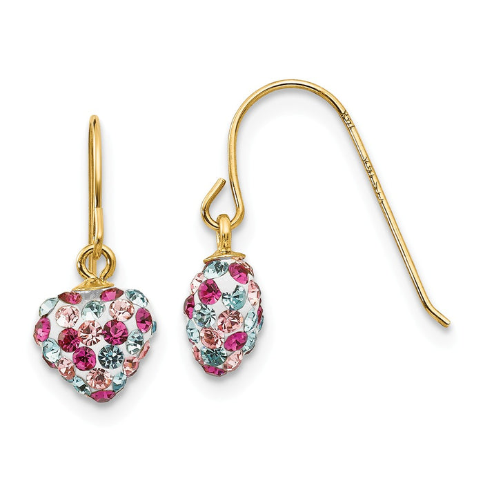 Million Charms 14k Yellow Gold Multi-colored Crystal Heart Dangle Earrings, 15mm x 6mm