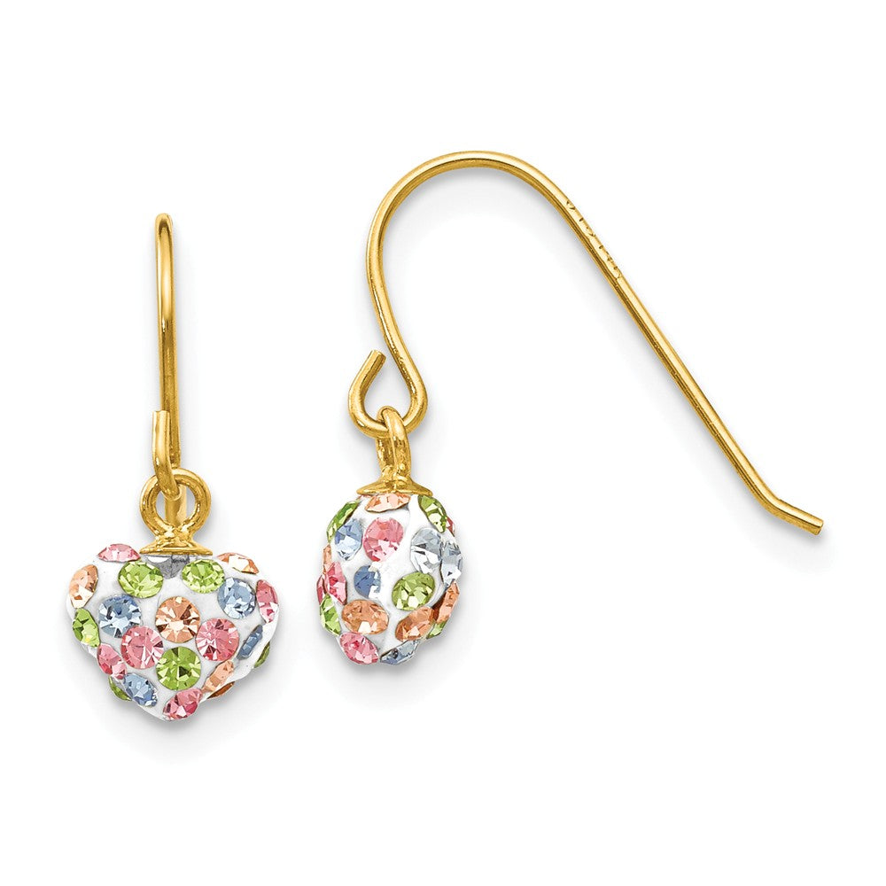Million Charms 14k Yellow Gold Pastel Multi-colored Crystal Heart Dangle Earrings, 16mm x 7mm