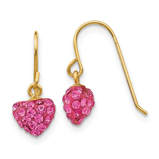 Million Charms 14k Yellow Gold Rose Crystal Heart Dangle Earrings, 14mm x 6mm