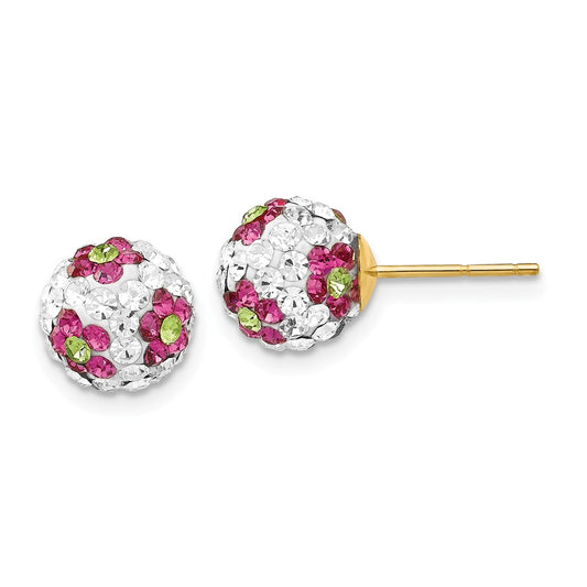 Million Charms 14k Yellow Gold Crystal Pink Flowers 8mm Post Earrings, 8mm x 8mm