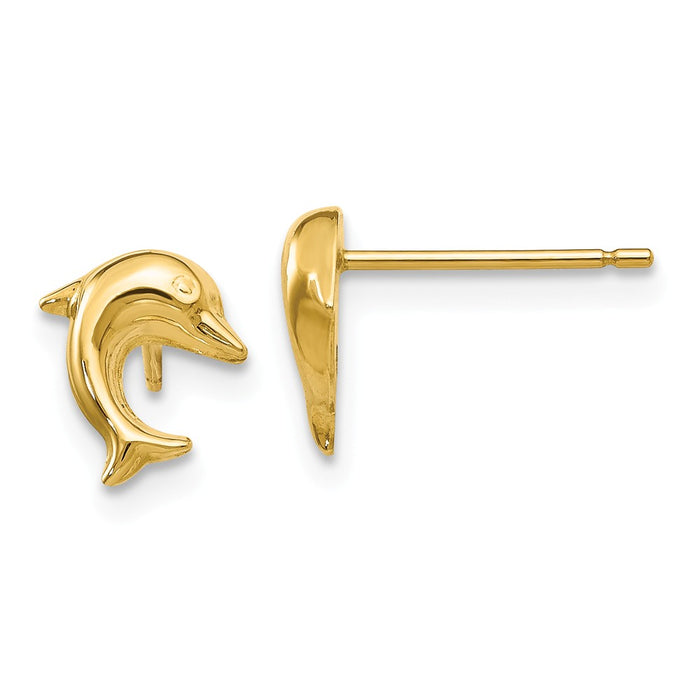 Million Charms 14k Yellow Gold Small Dolphin Post Earrings, 9mm x 8mm