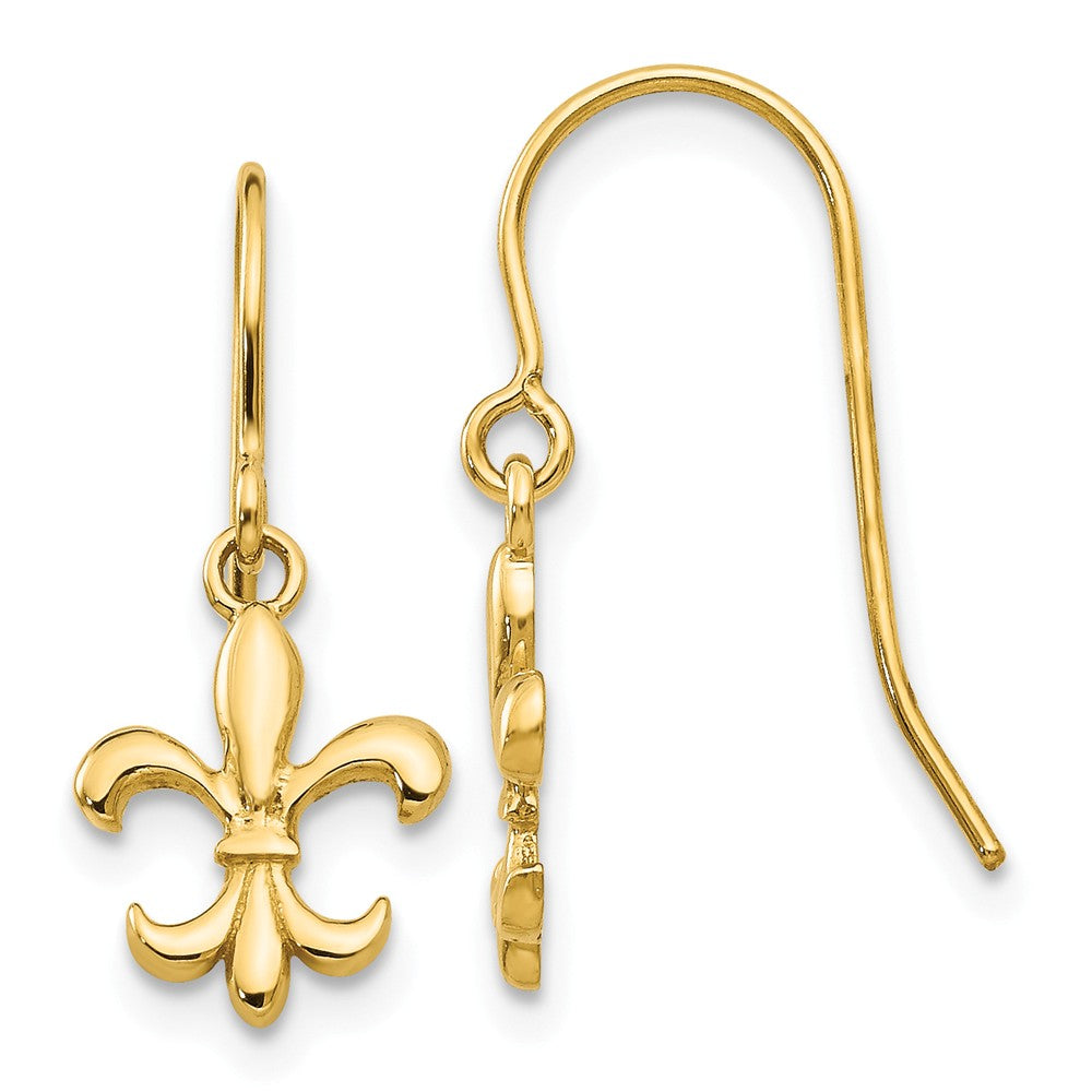 Million Charms 14k Yellow Gold Fleur de lis Dangle Earrings, 23mm x 8mm