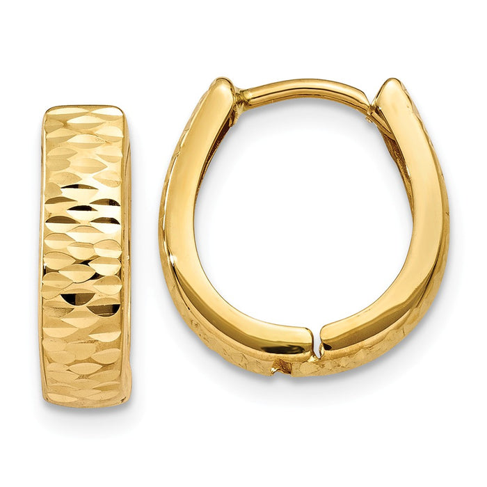 Million Charms 14k Yellow Gold Gold Textured and Polished Hinged Hoop Earrings, 12mm x 3mm