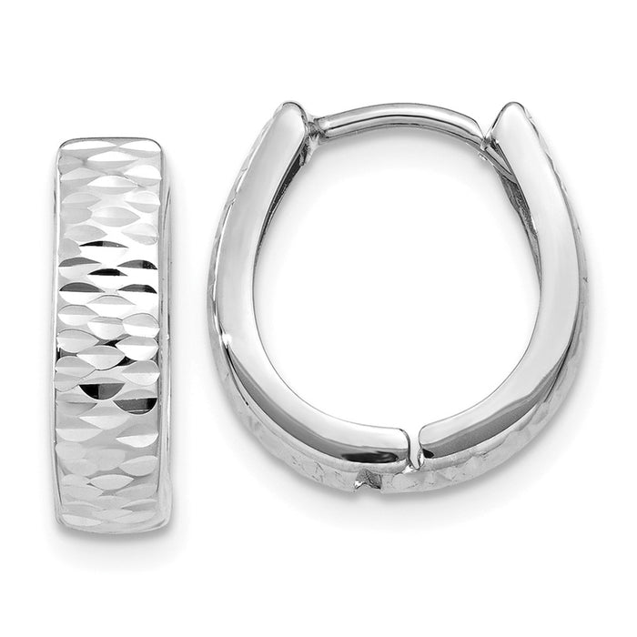 Million Charms 14K White Gold Textured and Polished Hinged Hoop Earrings, 12mm x 3mm