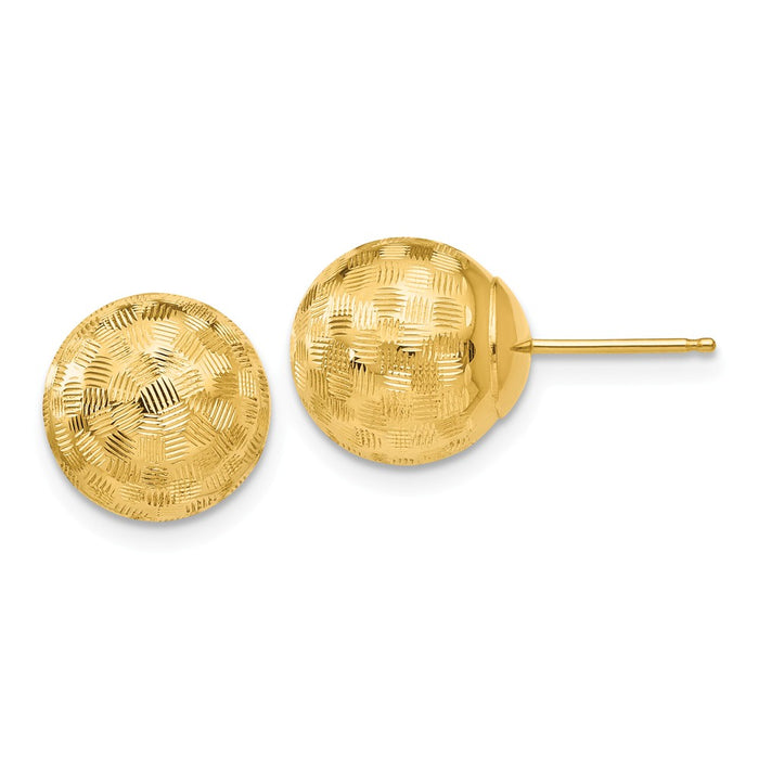 Million Charms 14k Yellow Gold Gold Round 10mm Checkerboard Diamond-cut Ball Earrings, 10mm x 10mm