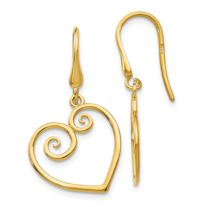 Million Charms 14k Yellow Gold Yellow Gold Heart Dangle Shepherd Hook Earrings, 29mm x 16mm