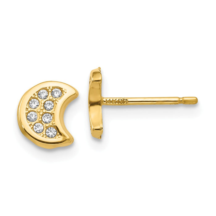 Million Charms 14k Yellow Gold Polished Cubic Zirconia ( CZ ) Moon Post Earrings, 7mm x 4mm