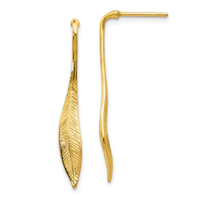 Million Charms 14k Yellow Gold Yellow Gold Feather Post Dangle Earrings, 35mm x 5mm