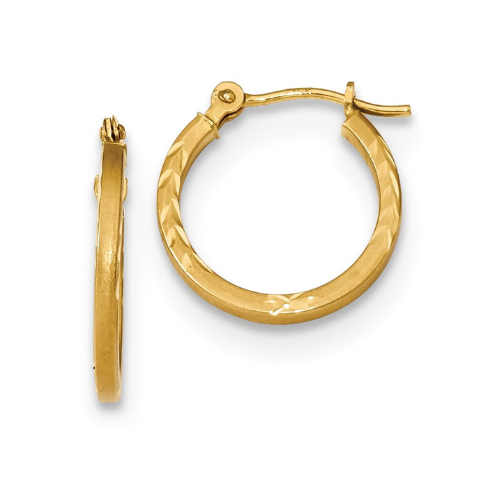 Million Charms 14k Yellow Gold Satin and Polished Diamond-cut Design Hoops, 15.15mm x 14.7mm