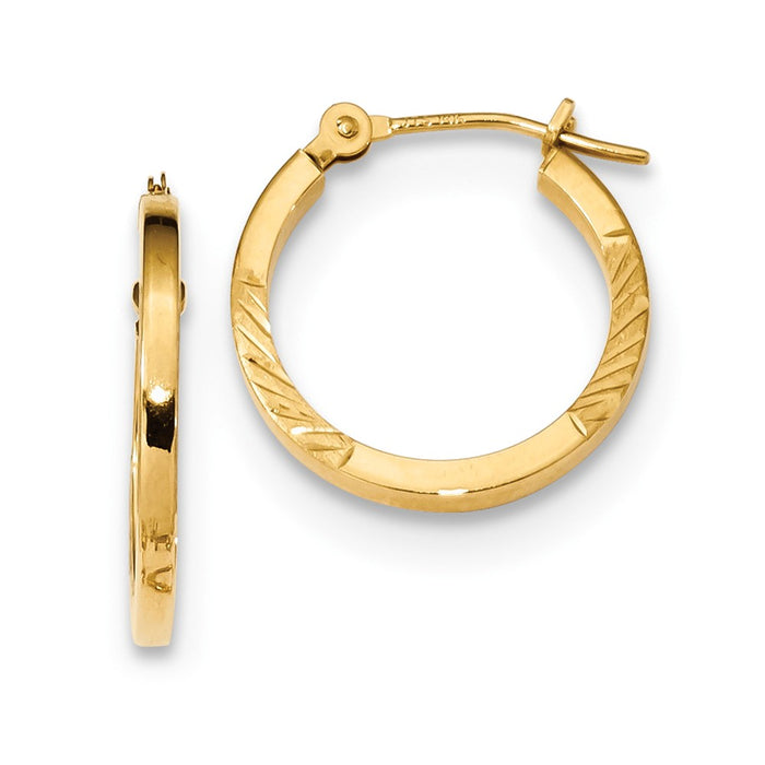 Million Charms 14k Yellow Gold Satin & Polished Diamond-cut Design Hoops, 16.17mm x 16.07mm