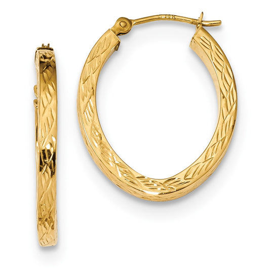 Million Charms 14k Yellow Gold Polished Diamond-cut Oval Square Tube Hoops, 22.09mm x 18.31mm