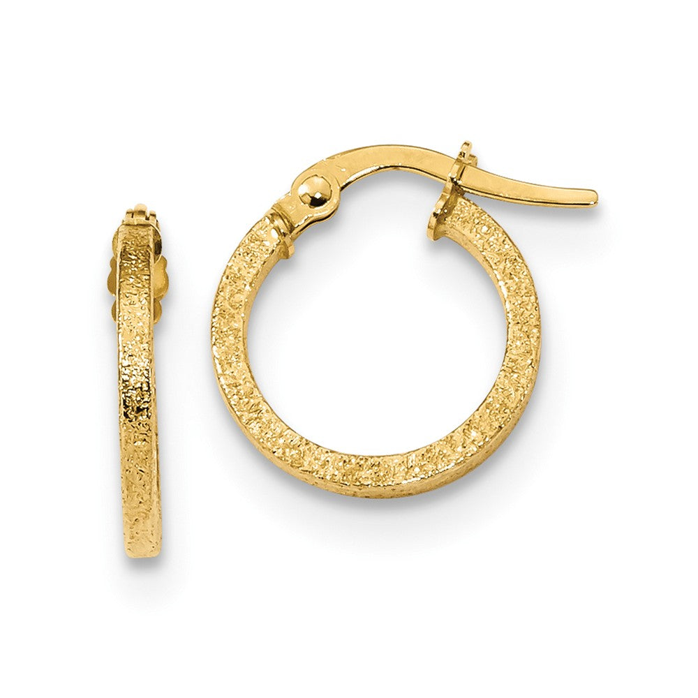 Million Charms 14k Yellow Gold Textured Finish Square Tube Hoops, 14.75mm x 13.4mm