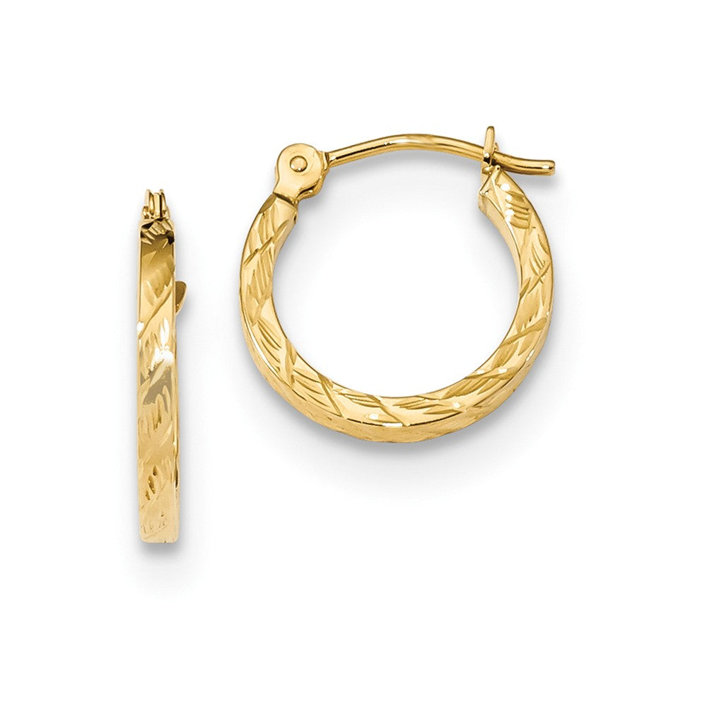 Million Charms 14k Yellow Gold Polished Diamond-cut 1.5mm Square Tube Hoops, 13.4mm x 13mm