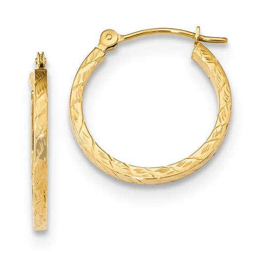 Million Charms 14k Yellow Gold Polished Diamond-cut 1.5mm Square Tube Hoops, 17.5mm x 17.6mm