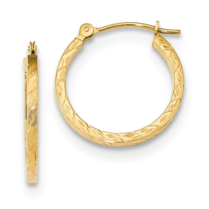 Million Charms 14k Yellow Gold Polished Diamond-cut 1.5mm Square Tube Hoops, 17.5mm x 17.6mm